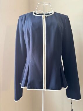 Tommy Hilfiger Women's Navy Zip-Front Peplum Jacket with White Trim Size 8 NWT
